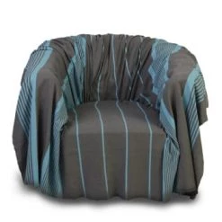 Fouta Futée Housses De Fauteuil Jeté Fauteuil Coton Anthracite Rayures Blanches 200 X 200 -Housses de canapé Soldes carthage jete fauteuil coton anthracite rayures turquoises 200 x 200 1