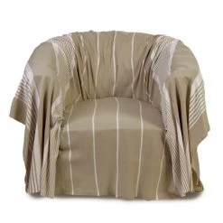 Fouta Futée Housses De Fauteuil CASABLANCA - Jeté De Fauteuil Coton écru Et Rayures Blanches 200 X 200
