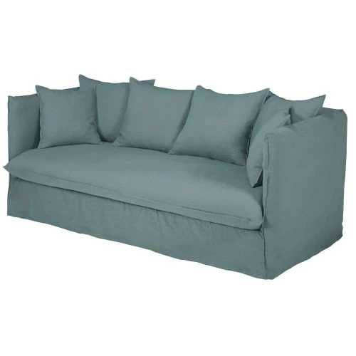 Maisons Du Monde Housses De Canapé Housse De Canapé Convertible 3/4 Places En Lin Froissé Bleu Céladon 5 Maisons Du Monde Housses De Canapé Housse De Canapé Convertible 3/4 Places En Lin Froissé Bleu Céladon – Image 3
