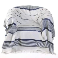 Fouta Futée Housses De Fauteuil Jeté Fauteuil Coton Fond Blanc Rayures Bleu Roi 200 X 200 -Housses de canapé Soldes jete fauteuil coton fond blanc rayures bleu roi 200 x 200 3
